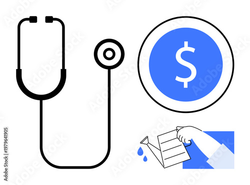 Healthcare expenditure, financial loss, medical billing, economic strain, preventive measures, financial health. Stethoscope, dollar symbol and hand with leaking wallet. Healthcare expenditure