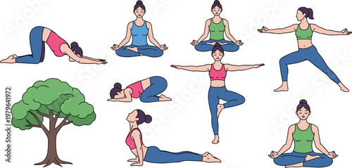 Yoga and Fitness Poses Icons Set Featuring Tree Pose, Downward Dog, Warrior, Cobra, and Meditation for Wellness, Health, and Exercise Designs