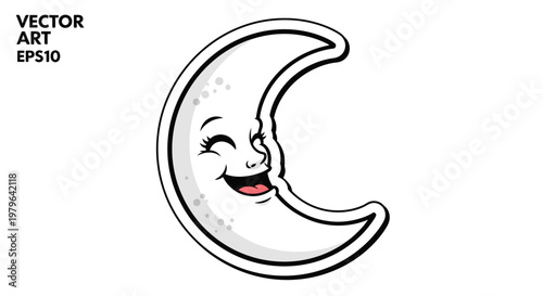 Happy Crescent Moon Character with Smiling Face and Stars