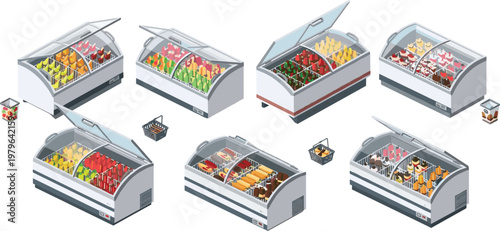 Isometric Ice Cream and Dessert Freezers with Colorful Treats, Ice Lollies, Frozen Yogurt, and Pies for Retail Display Illustrations