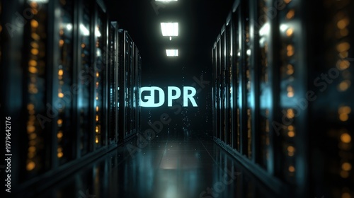 GDPR Compliance Concept Image with Server Racks in a Dark Data Center