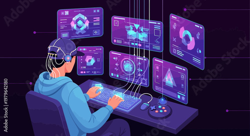 Futuristic gamer immersed in virtual reality environment with advanced technology interface