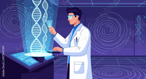 Futuristic genetic research: scientist manipulating virtual dna in high-tech laboratory environment