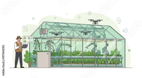 Futuristic greenhouse cultivating efficiency with drones and robotic arms for sustainable