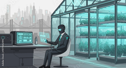 Futuristic Greenhouse Management: An Executive Overseeing Controlled Environment Agriculture in an