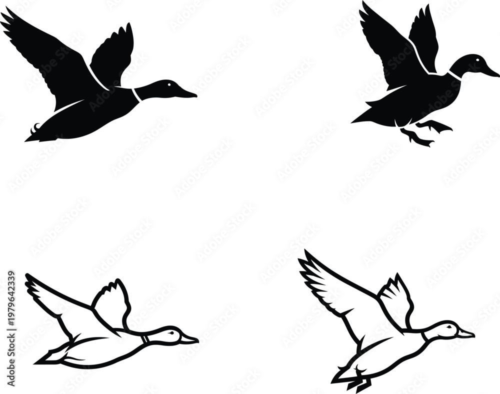 Obraz premium Four ducks in flight with different designs and colors