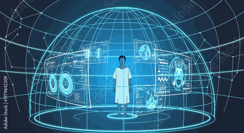 Futuristic healthcare depiction with a patient monitored by holographic data displays