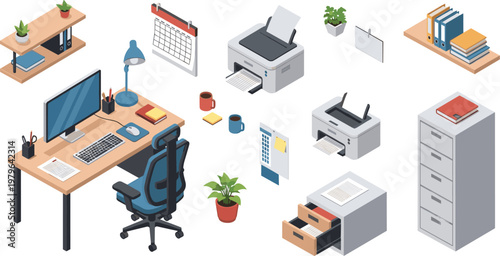 Isometric Office Workspace with Desk, Computer, Printers, Files, Calendar, and Office Furniture for Modern Office Design Illustrations