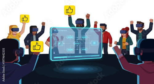 People in virtual reality with thumbs up in a modern tech environment