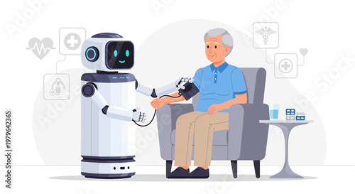 Futuristic healthcare setting features robot assisting senior man with his blood pressure