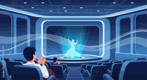 Futuristic holographic performance in a space-age theater captivating audience attention and