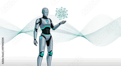 Futuristic humanoid robot displaying advanced technology with flowing lines and geometric symbol