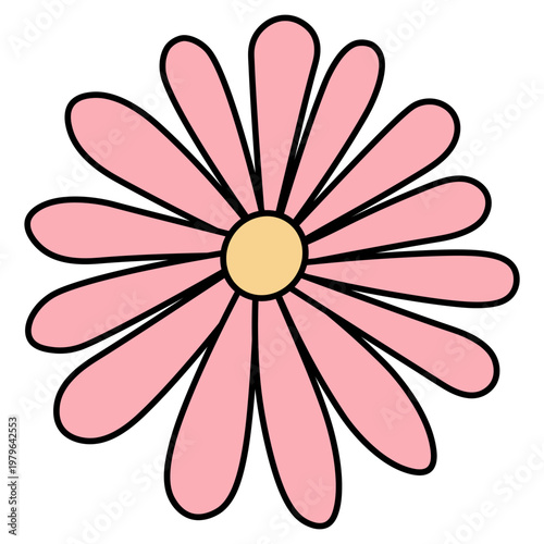 Wildflower. Inflorescence with long pink petals. Yellow center. Flower head. Color vector illustration. Isolated on white background. Idea for web design, postcard.