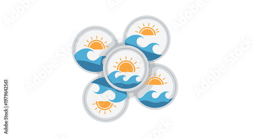 Weather icons, sunny day symbols, ocean wave graphics, vector set