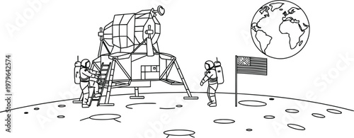 Astronaut and child exploring the moon with a lunar lander in the background