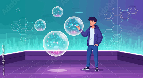 Futuristic Interaction: A Young Man Navigating Digital Spheres in a Virtual Environment