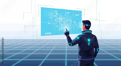 Futuristic interaction augmented reality interface visualizes city planning model with advanced