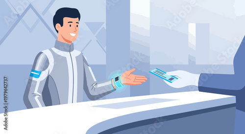 Futuristic interaction exchanging cards in a modern minimalist setting with advanced technology