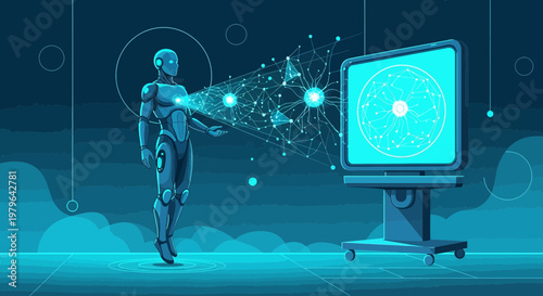 Futuristic interface depicting a humanoid robot interacting with a network visualization technology