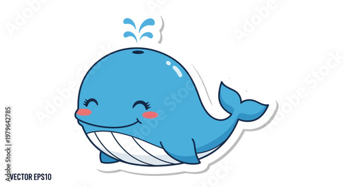 Cute cartoon blue whale smiling with water spout, vector illustration