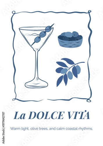 Stylish cocktail poster with olives and lemon in hand drawn frame. Modern flat vector illustration for bar menu, restaurant branding and drink banners.