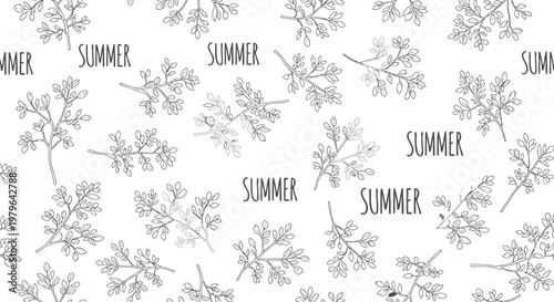 Summer floral pattern, black and white seamless design, botanical illustration, seasonal background