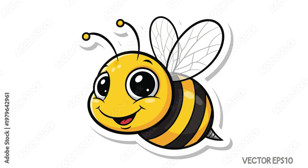 Obraz premium Cute cartoon bee illustration, happy, smiling, flying, isolated on white background.