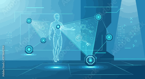 Futuristic interface showing a robot interacting with digital keys and networked nodes