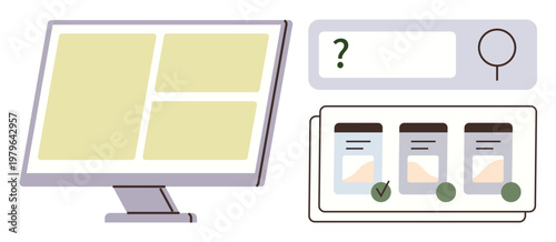 Online research, digital catalog, web navigation, information sorting, search optimization, user interface. Computer screen and search tool with filters. Online research and digital catalog concept
