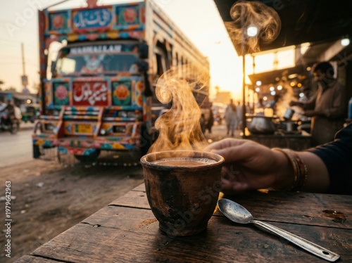 Steaming hot doodh patti chai in traditional clay cup at Pakistani roadside dhaba during golden hour, authentic South Asian tea culture