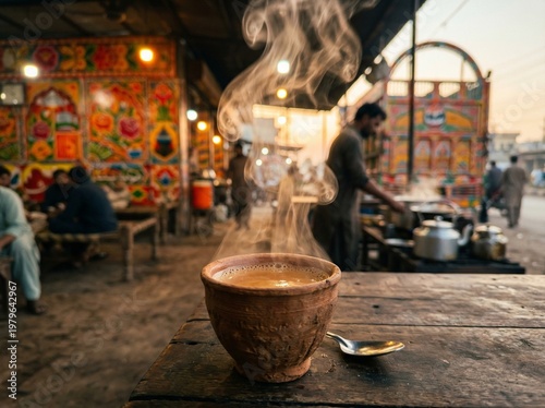Steaming hot doodh patti chai in traditional clay cup at Pakistani roadside dhaba during golden hour, authentic South Asian tea culture