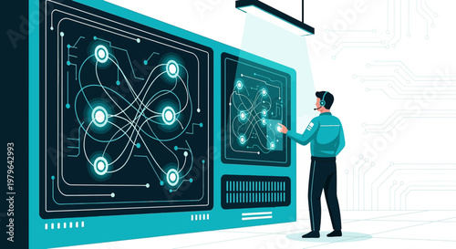 Futuristic interface with operator managing complex networks via touch controls represents digital