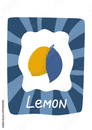 Dark blue lemon poster with radial background. Modern flat vector illustration for kitchen decor and bold branding.