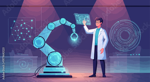 Futuristic laboratory scene with a scientist operating advanced robotic technology and data displays