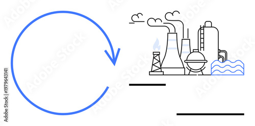 Sustainability, eco-friendly practices, industrial emissions, environmental protection, circular economy, pollution control. Factory with smoke stacks, blue arrow. Sustainability and eco-friendly