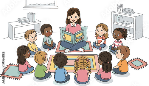 Teacher Reading Storybook to Diverse Children Sitting on Rug in Classroom for Early Education and Learning Illustrations