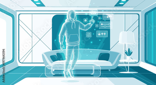 Futuristic living room with holographic interface and person controlling virtual elements inside