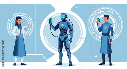 Futuristic medical team: Collaboration between human doctors and advanced robotics in healthcare