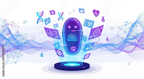 Futuristic medical technology displaying healthcare data with a robot interface visual