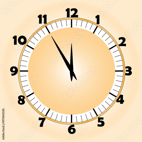 Minimalist wall clock showing 12 o'clock with golden frame isolated on white background.