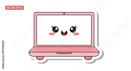 Kawaii Laptop Computer Character, Cute Pink Notebook with Smiling Face