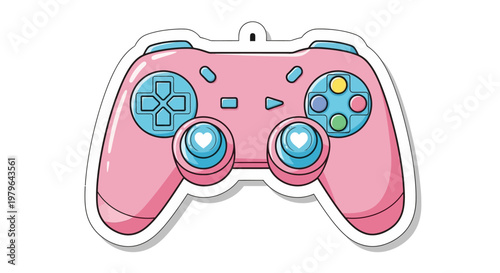 Cute Pink Video Game Controller with Blue Accents and Heart Joysticks