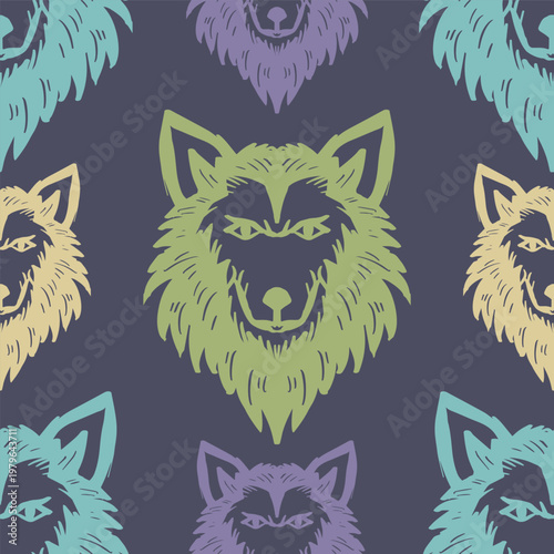 Seamless pattern with wolf heads on vintage stye. Vector illustration.