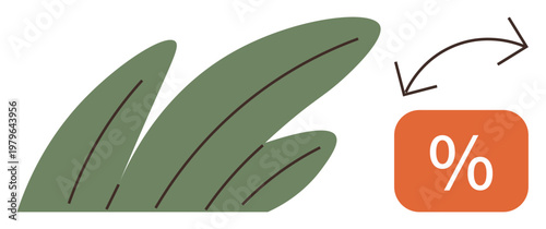 Eco-friendly lifestyle, sustainability, renewable resources, environmental conservation, green energy, economic change. Green leaves and a percentage sign with arrows. Sustainability and eco-friendly