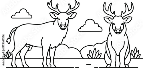 Two majestic deer standing together in a serene natural landscape with mountains in the background