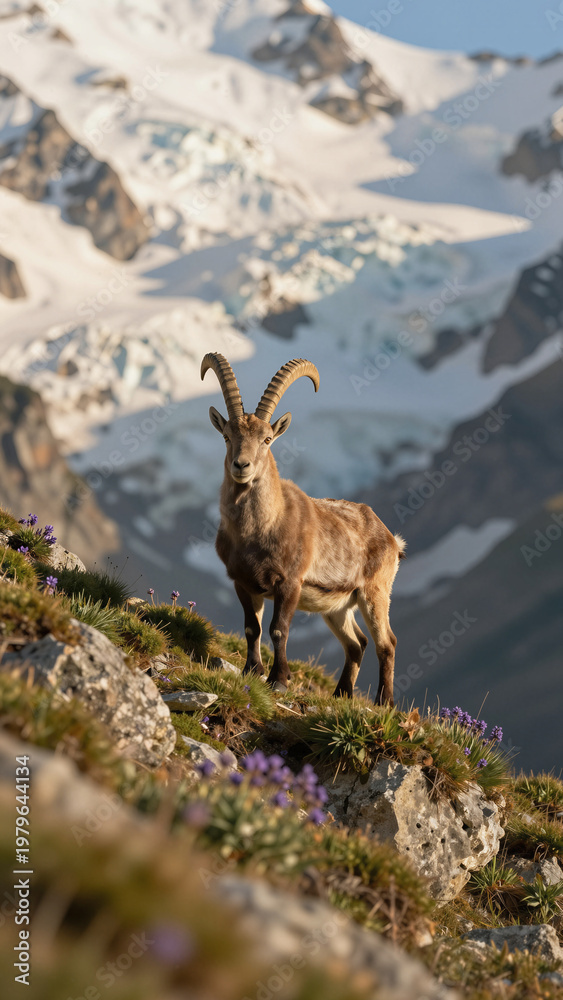Obraz premium Majestic Alpine Ibex Standing On Rocky Mountain Slope With Glacier Background