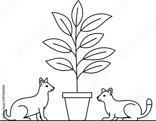 Cute pets nurturing a small potted plant together in harmony