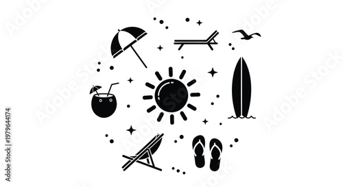 Summer vacation icons, travel symbols, beach elements, black vector graphics