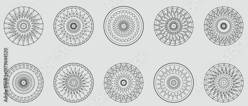 Collection of black line mandalas on light gray background