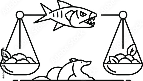 A balancing scale comparing a fish and a dog with a cat in the middle.